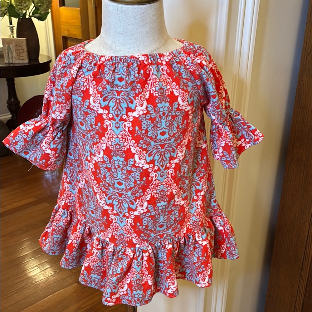 Anvy Kids Corduroy Red, Blue and White Flutter Sleeve Ruffled Casual Dress